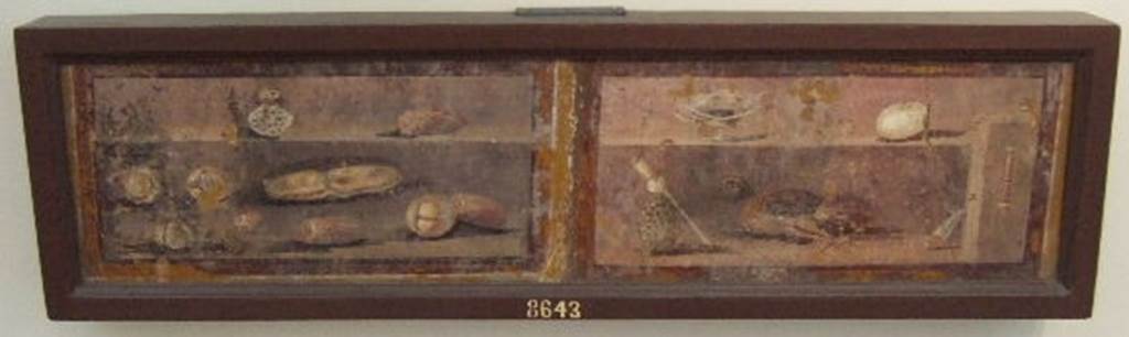 HGW24 Pompeii. 5th October 1771. Wall painting of meat, game, egg and produce.
On the right panel is a silver cup. On the left panel is a bag of money.
Now in Naples Archaeological Museum. Inventory number 8643.
(According to Pagano and Prisciandaro, this painting, inventory number NAP 8643, was shown as no.26 from the plan by La Vega).
See Pagano, M. and Prisciandaro, R., 2006. Studio sulle provenienze degli oggetti rinvenuti negli scavi borbonici del regno di Napoli. Naples: Nicola Longobardi. (p.71).
(Fontaine, either room 5d (La Vega 25), at east end of north garden portico, or from (Fontaine, room 5,13 (La Vega 26)).
PAH 1,1, p.260, 5th October 1771, (and addendum p.124 and 157): (See No. 25 on the plan by La Vega).
Continuing the said excavation, we have evacuated two rooms, only detecting one painting (approximately 0.48m long, 0.24m high) of meat things, as chicken, eggs, etc., and this has been cut by the young boys of Canart. They have cut 12 pieces of white mosaic with black stripe, from the floor of some rooms already discovered earlier.
From PAH 1,1, p.260, 12th October 1771.
We have continued the excavation in the said dwelling outside of the city, lifting the soil from above some vaults, therefore to be able to enter into the rooms that are covered.
From PAH, addendum, p.124 –
Relazione delle antichita, che si vanno ritrovando nella masseria del sig. D. Giovanni Milano parsonaro, che si era principiata al di 14 Febbraro 1771.
“No.25. A di 4 ottobre 1771. Questa stanza tiene la lamia in piano dipinta a stelluce; il dippiu della stanza e di tonica gialla con qualche ornato liscio, il zoccolo rosso con qualche uccelletto. Il pavimento e di terra, e non vi si e trovato alcuna cosa.”