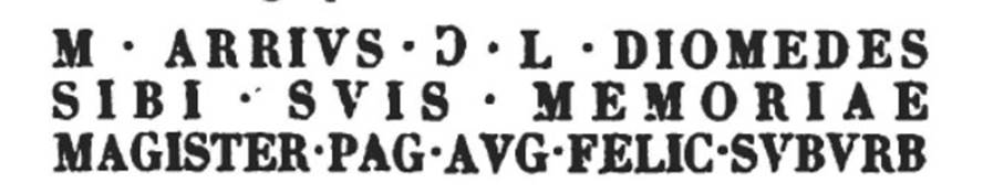 From PAH, addendum, p.132 –
Relazione delle antichita, che si vanno ritrovando nella masseria del sig. D. Giovanni Milano parsonaro, che si era principiata al di 14 Febbraro 1771. (Report of Antiquities found.....)
N.91. A di 22 settembre 1774. Si e trovata la seguente iscrizione in tavola di marmo, lunga pal. 3 min. 18, altezza min. 58.