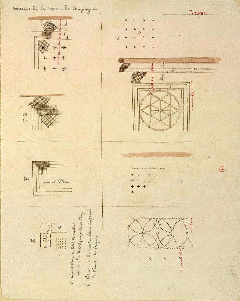 HGW24 Pompeii. May 1823? Sketches by Chenavard, described as Mosaïques de la maison de Campagne, Pompeii.
(Villa Diomedes Project – area 14.)
(Fontaine, room 2,13).
According to Villa Diomedes Project, the mosaic on the top right is from a room on south side of upper peristyle, see Villa Diomedes Part 1 on our website.
Annotations par Chenavard : "a : noir et blanc en éclat de marbre mêlé avec de la brique pilée et chaux; b : petits cubes de marbre blanc sur fond de ciment et briques".
Relevé reproduit et annoté de pavements en mosaïque de la Villa di Diomède.
See Chenavard, Antoine-Marie (1787-1883) et al. Voyage d'Italie, croquis Tome 3, pl. 100.
INHA identifiant numérique : NUM MS 703 (3). See Book on INHA
Document placé sous « Licence Ouverte / Open Licence » Etalab