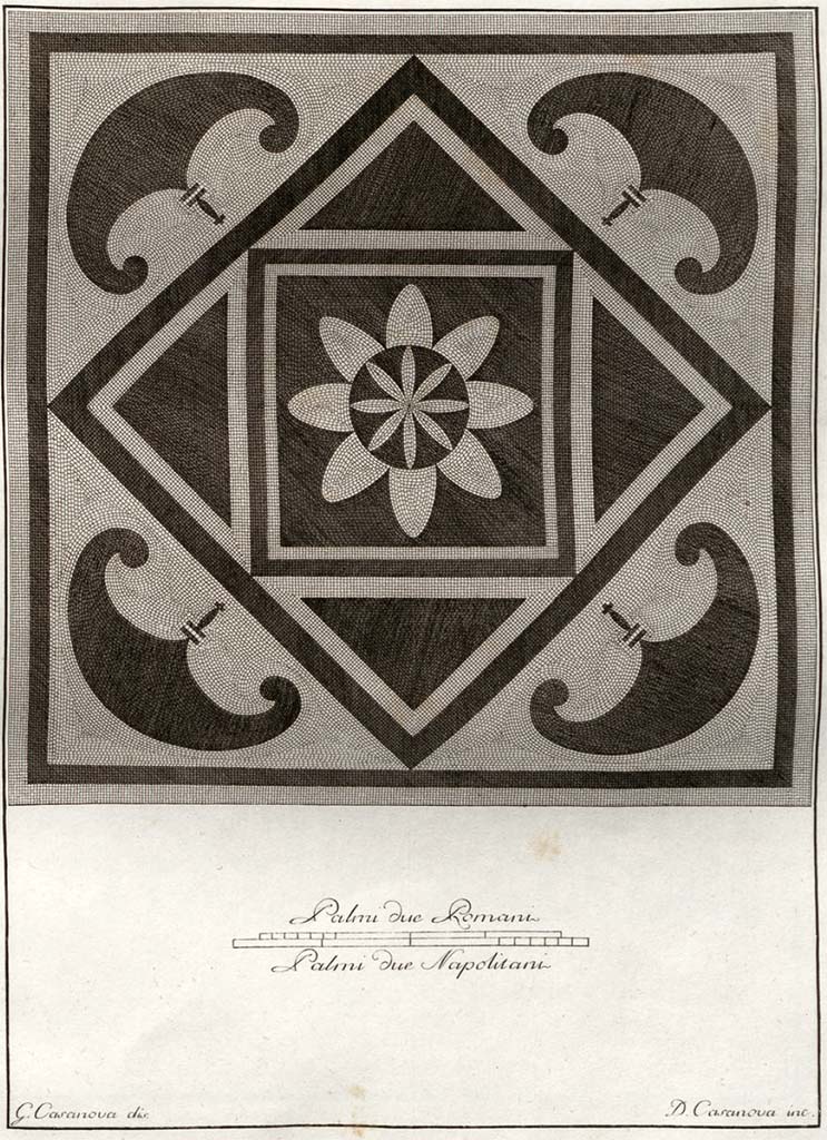 HGW24 Pompeii. Pre-1796. Mosaic said to be from the Villa of Diomedes.
See Gli ornati delle pareti ed i pavimenti delle stanze dell'antica Pompei incisi in rame: pt.1 1796.
See Gli ornati delle pareti ed i pavimenti delle stanze dell'antica Pompei incisi in rame: 1838, p. 105/124.