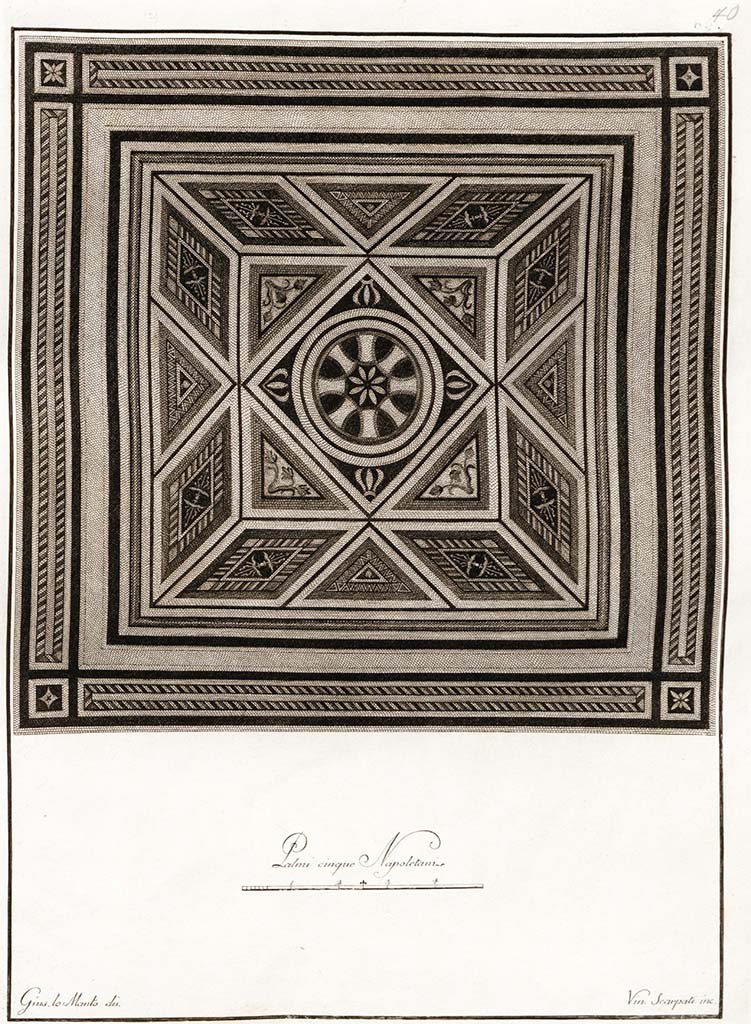 HGW24 Pompeii. Pre-1796. Mosaic said to be from the Villa of Diomedes.
According to the index description, (no.40) –
“La simmetrica disposizione de’ bei ornati di pezzetti di marmo coloriti costituisce il principal merito di questo grazioso pavimento, quadrilatero, inciso dallo Scarpati.”
("The symmetrical arrangement of beautiful decorations of pieces of coloured marble constitute the main merit of this graceful square floor, engraved by Scarpati.")
See Gli ornati delle pareti ed i pavimenti delle stanze dell'antica Pompei incisi in rame: pt.1 1796.
See Gli ornati delle pareti ed i pavimenti delle stanze dell'antica Pompei incisi in rame: 1838, pl. 40.