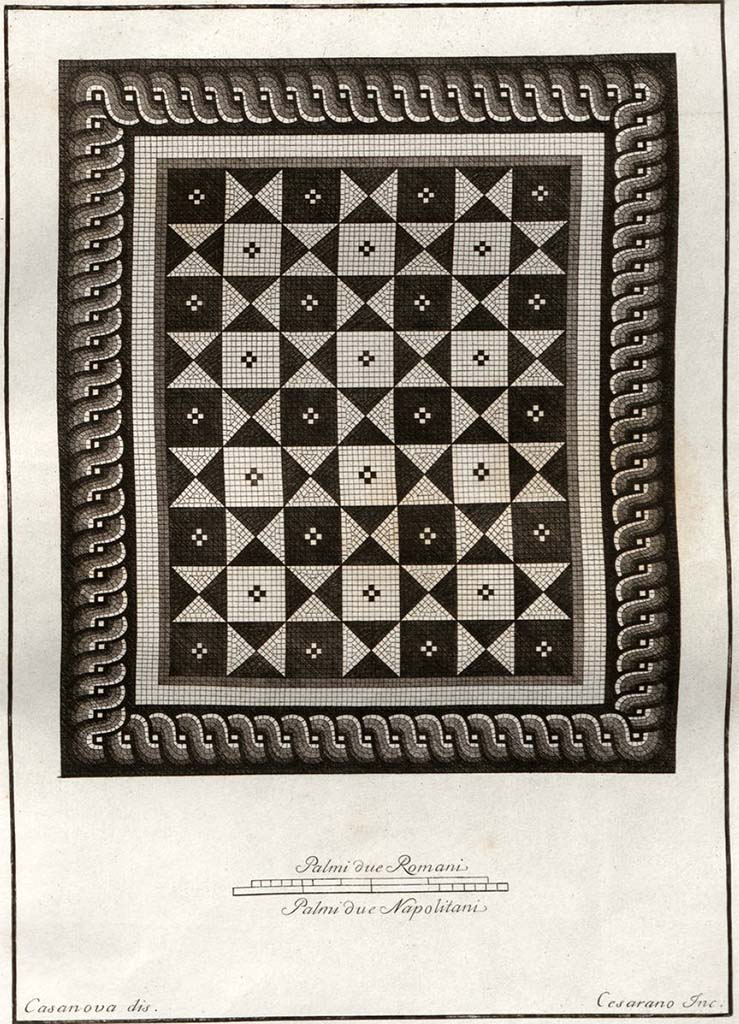 HGW24 Pompeii. Pre-1796. Mosaic said to be from the Villa of Diomedes.
See Gli ornati delle pareti ed i pavimenti delle stanze dell'antica Pompei incisi in rame: pt.1 1796.
See Gli ornati delle pareti ed i pavimenti delle stanze dell'antica Pompei incisi in rame: 1838, p. 118 of 124.
