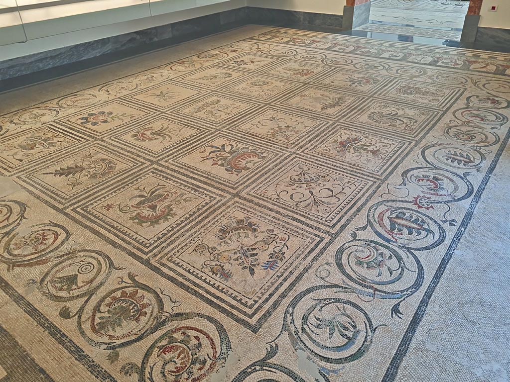 Villa of Diomedes ? or VI 17.10 Pompeii ?. June 2024.
Looking across centre of mosaic floor, on display in Naples Archaeological Museum, room CXXXIV, (134). Photo courtesy of Giuseppe Ciaramella