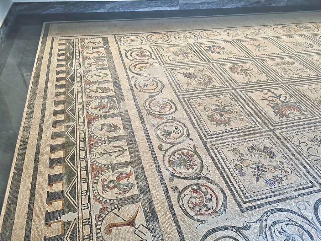 Villa of Diomedes ? or VI 17.10 Pompeii ?. June 2024.
Looking towards border of mosaic with motifs of city walls with arches and marine symbols, in the centre, squares with flowers, and tufts of leaves enclosed by a cornice with plant motifs.
On display in Naples Archaeological Museum, room CXXXIV, (134). Photo courtesy of Giuseppe Ciaramella