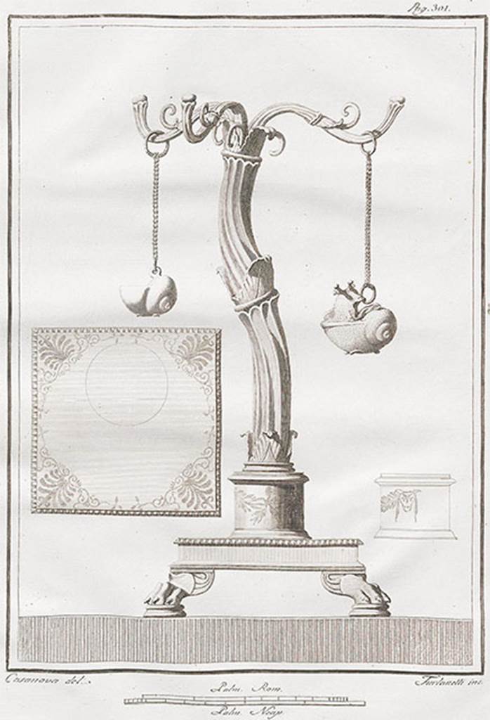 HGW24 Pompeii. Lamp-stand with a square base, standing on lion’s feet. It was decorated with a floral design and at the side with a garland and two bovine skulls. Rising from it was a twisted stem representing a plant stem with three flower branches spreading out at the top. From these hung two lamps in the form of snails. In one of these the snail was partly out of its shell. In the other the snail was entirely inside.
See Antichità di Ercolano: Tomo Ottavo: Lucerne, Lanterne, Candelabri, 1792, Tav LXV, p. 301.
(Fontaine, steps to lower floor from north-east corner of front courtyard portico.