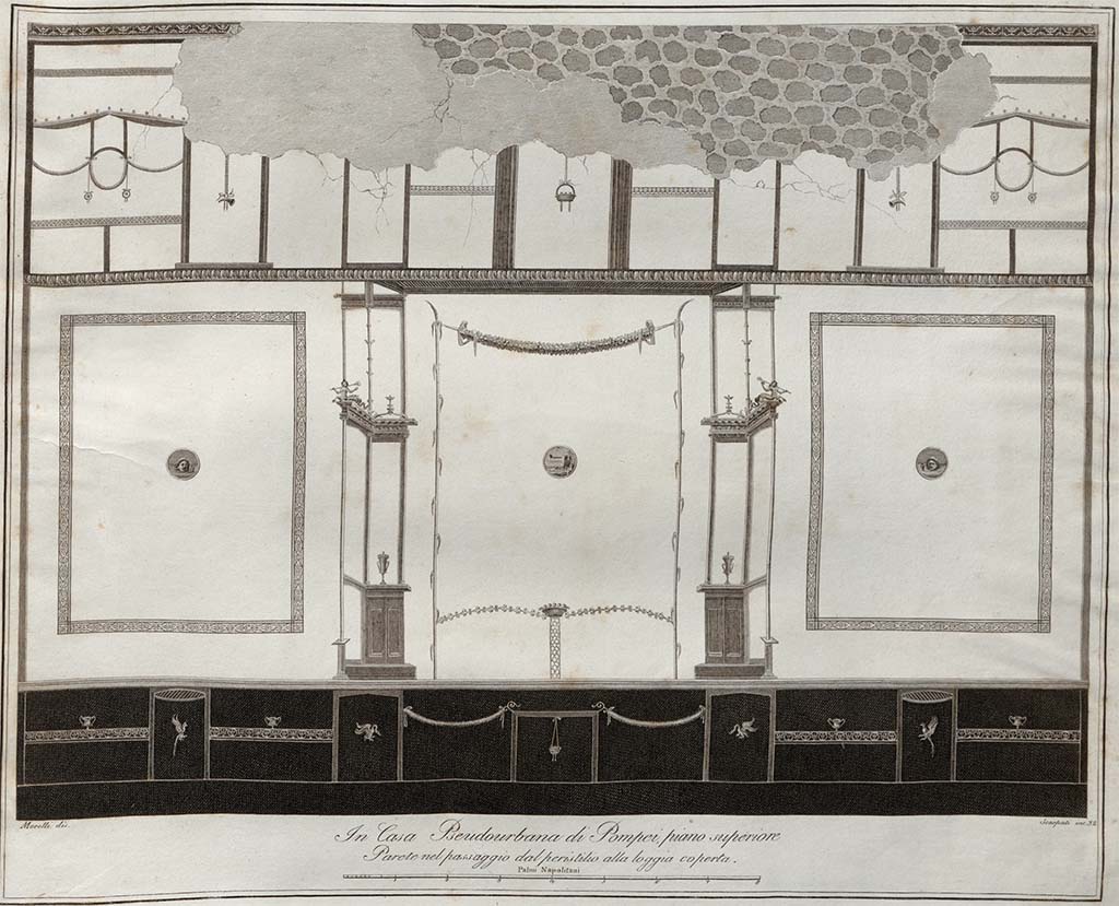 HGW24 Pompeii. Drawing by Francesco Morelli, entitled “Parete sul passagio del peristilio del piano superiore”.
(Wall on the passage of the peristyle of the upper floor). Incised by Scarpati.
See Gli Ornati delle Pareti ed I Pavimenti delle Stanze dell’Antica Pompei, 1838, (No.32).
According to Fontaine, this shows the north wall of the tablinum, but the enlargements of the medallions (below), look very similar to the ones identified by Pagano and Prisciandaro as coming from La Vega plan, either 2 or 3 (3 being the tablinum) or as above, from Fontaine’s room 2.6.