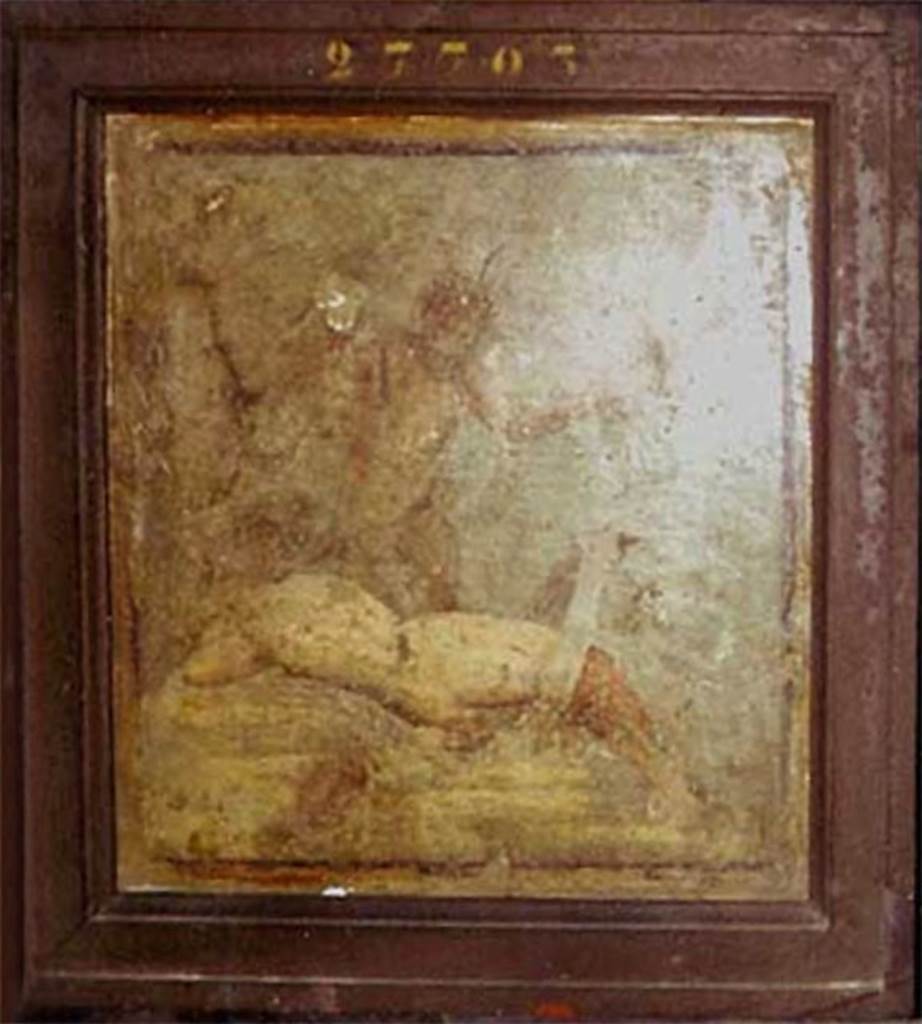 HGW24 Pompeii. Bacchante lying down being uncovered by a Satyr, by lifting her cloth, which partly covered her.
(According to Pagano & Prisciandaro - Helbig 546b, Nr 1486)
Now in Naples Archaeological Museum. Inventory number 27703.