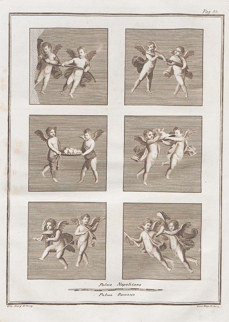 HGW24 Pompeii. All 6 pieces were found painted on the yellow walls in the same room.
Two cupids in each, in the act of flying and carrying various things in their hands, ie. a bird, a thyrsus/rod, a cornucopia, a basket of fruit, etc, possibly attributes of a god.
See Le antichita di Ercolano esposte Tomo 7, Le Pitture Antiche di Ercolano 5, 1779. (p.35, Tav. VII).
(According to Pagano & Prisciandaro: NAP 9203.)
Now in Naples Archaeological Museum. Inventory number 9203.