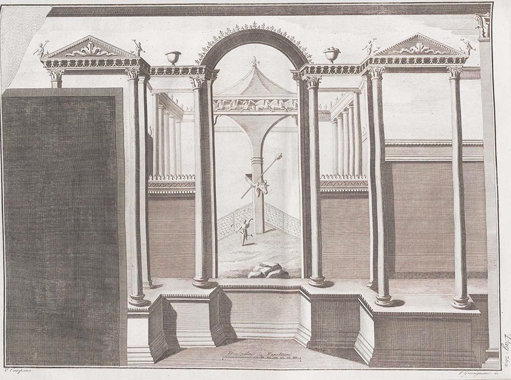 HGW24 Pompeii. Drawing of wall of room, with doorway on left.
Drawn by V. Campana and engraved by F. Giomignani.
See Le antichità di Ercolano esposte Tomo 7 Le pitture Antiche di Ercolano 5, 1779. (No. LXXXIII).
According to Eristov –
This is a drawing of the north wall of area 35, a room on the south side of the tablinum (22). We have not photographed this room.
The doorway on the left would have led into the tablinum.
See Villa Diomedes Project, base de données Images, http://villadiomede.huma-num.fr/bdd/images/20782
(Villa Diomedes Project – area 35)
(Fontaine’s 4,3).
See Eristov, H. (2005). Décors méconnus de la Villa di Diomede (Piece 9, (fig.2 and 3) (p. 77-79).