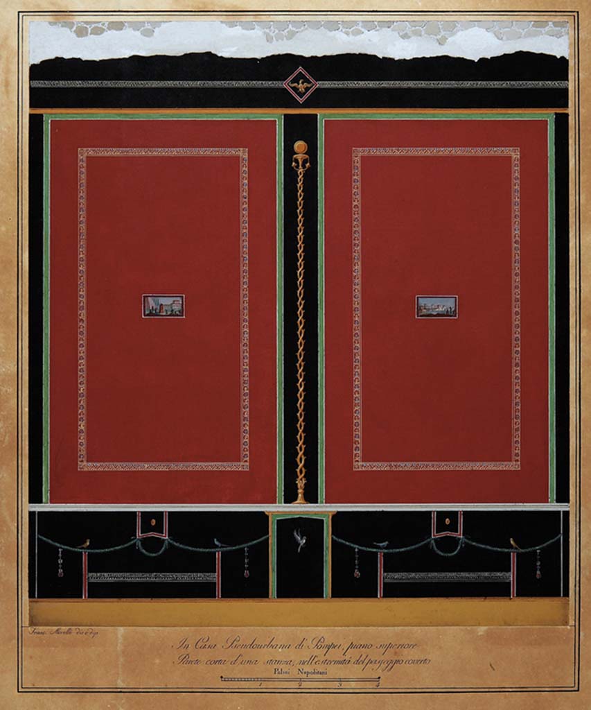 HGW24 Pompeii. Drawing by Francesco Morelli, showing “Upper floor, short wall of a room, at the end of the covered passageway.”
Now in Naples Archaeological Museum. Inventory number ADS 1135
(According to Fontaine, this showed the north or east wall of the exedra, 4,4.)
(Villa Diomedes Project – area 36).
Photo © ICCD. https://www.catalogo.beniculturali.it
Utilizzabili alle condizioni della licenza Attribuzione - Non commerciale - Condividi allo stesso modo 2.5 Italia (CC BY-NC-SA 2.5 IT)