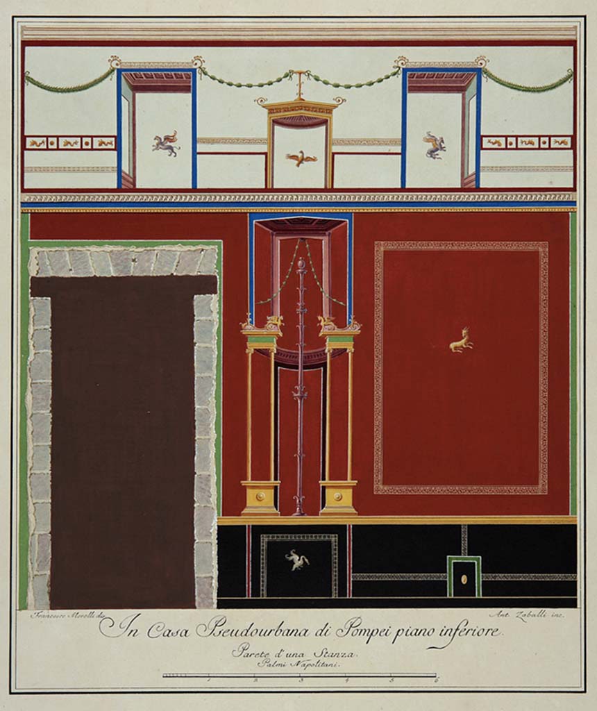 HGW24 Pompeii. Drawing by Francesco Morelli showing the north (short) wall of room with No.26 on the plan by La Vega.
Engraved by Ant. Zaballi.
Now in Naples Archaeological Museum. Inventory number ADS1159.
See also Gli Ornati delle Pareti ed I Pavimenti delle Stanze dell’Antica Pompei, 1838, (No.17).
(Villa Diomedes Project – area 61).
(Fontaine, room 5,13).
Photo © ICCD. https://www.catalogo.beniculturali.it
Utilizzabili alle condizioni della licenza Attribuzione - Non commerciale - Condividi allo stesso modo 2.5 Italia (CC BY-NC-SA 2.5 IT)