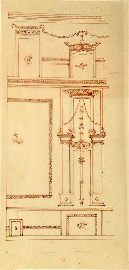 HGW24 Pompeii. Mai 1823? Sketch by Chenavard of detail of wall decoration, described as with a black background (zoccolo/dado).
See Chenavard, Antoine-Marie (1787-1883) et al. Voyage d'Italie, croquis Tome 3, pl. 93.
INHA Identifiant numérique : NUM MS 703 (3). See Book on INHA
Document placé sous « Licence Ouverte / Open Licence » Etalab
(Fontaine, room 5,13).