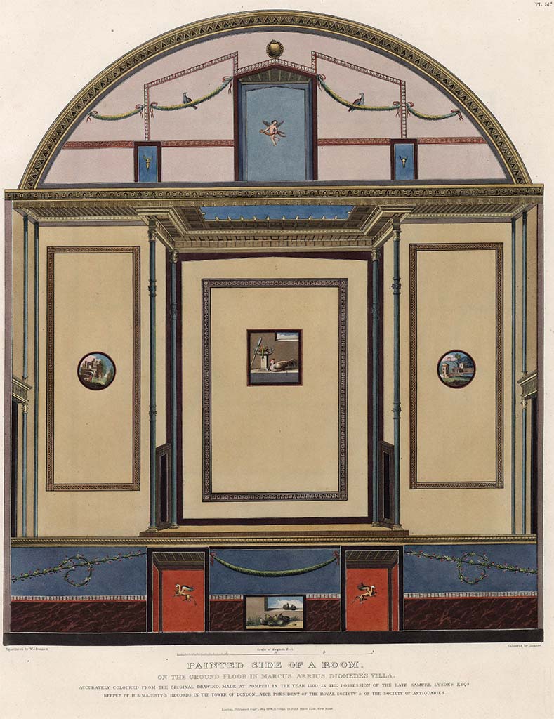 Villa of Diomedes. 1819 painting of the painted side of a ground floor room in the villa.
The note on the bottom says
“Accurately coloured from the original drawing, made at Pompeii in the year 1800, in the possession of the late Samuel Lysons Esq., Keeper of His Majesty’s Records in the Tower of London, Vice President of the Royal Society and of the Society of Antiquaries”.
See Cooke, Cockburn and Donaldson, 1827. Pompeii Illustrated: Vol. 2. London: Cooke, pl. 50 or 51.