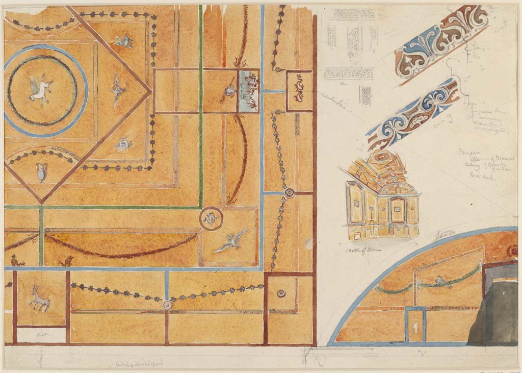 HGW24 Pompeii. c.1870’s. Painting by Sydney Vacher showing barrel-vaulted ceiling of one of the rooms on the lower floor on eastern side of garden.
On the right side are small painted details from the room.
Photo © Victoria and Albert Museum, inventory number E.4390-1910.
(Fontaine, room 5,7).