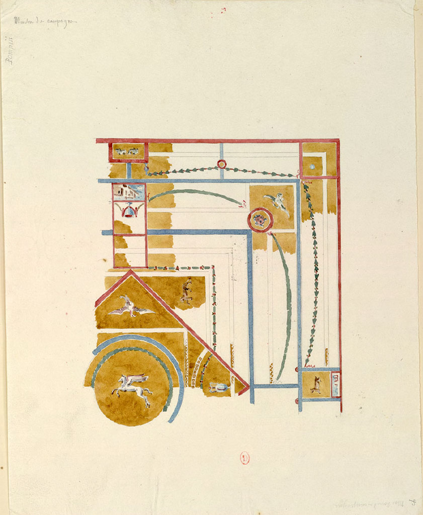 HGW24 Pompeii. Mai 1823? Watercolour sketch by Chenavard of details of part of the ceiling.
Reproduction de la peinture du plafond d'une pièce (n°26 dans le plan de la Vega dans Pompeianarum Antiquitatum Historia, 1, pl. 4 = Chenavard, f. 91, pièce à l'est de n°28), dans la villa di Diomède.
See Chenavard, Antoine-Marie (1787-1883) et al. Voyage d'Italie, croquis Tome 3, pl. 109.
INHA Identifiant numérique : NUM MS 703 (3). See Book on INHA
Document placé sous « Licence Ouverte / Open Licence » Etalab
(Fontaine, room 5,7).