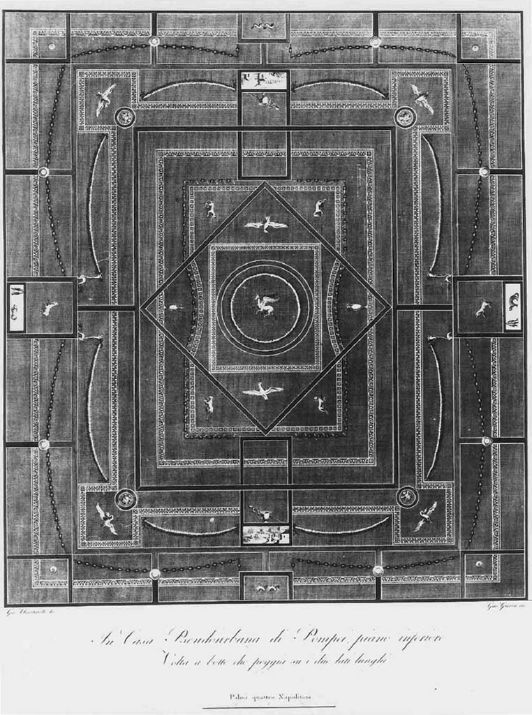HGW24 Pompeii. Barrel-vaulted ceiling of one of the rooms on the lower floor. Drawn by Chiantarelli, engraved by Guerra.
See Gli Ornati delle Pareti ed I Pavimenti delle Stanze dell’Antica Pompei, 1838, (No.10).
According to Fontaine, this shows the vaulted ceiling of the triclinium, his room 5.7 on his plan.
(Fontaine, room 5,7).