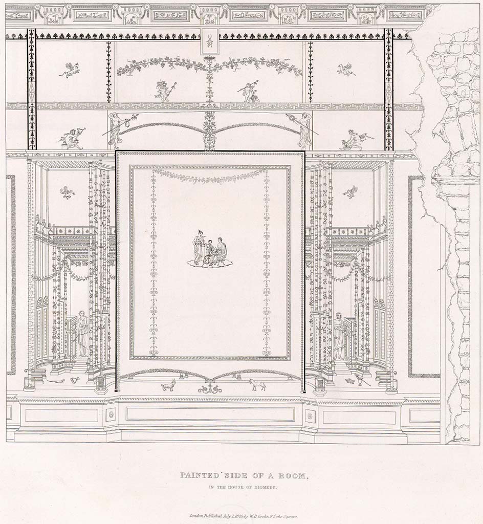 Villa of Diomedes. 1826 drawing of painted side of a room in the villa.
See Cooke, Cockburn and Donaldson, 1827. Pompeii Illustrated: Vol. 2. London: Cooke, pl. 46 or 48.