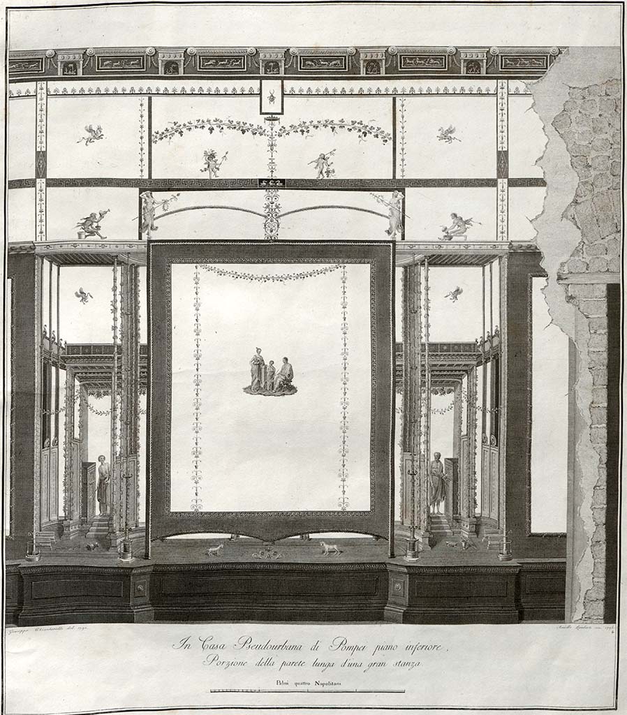 HGW24 Pompeii. 1790. Drawing by Gius. Chiantarelli, engraved by Lamberti.
South wall of large room on lower floor at garden level, with painting in centre of middle panel showing a seated man, with woman and young person.
See Gli Ornati delle Pareti ed I Pavimenti delle Stanze dell’Antica Pompei, 1838, tav. 4.
(Villa Diomedes Project – area 53).
(Fontaine, room 5,5, decoration from south wall, with doorway from corridor 5,3 on right).
