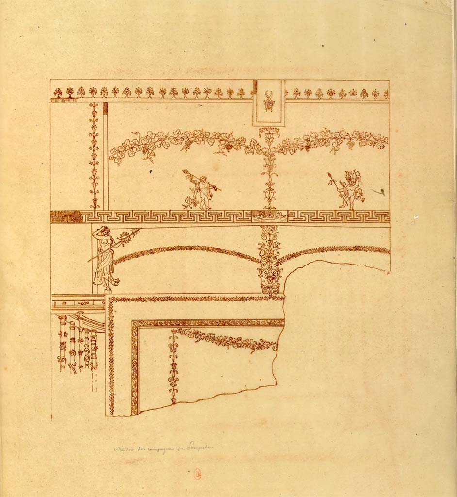 HGW24 Pompeii. Mai 1823? Drawing by Chenavard of part of the detail of a wall from large room on lower level.
Reproduction (technique ?) d'une peinture pariétale de la villa di Diomède (pièce non identifiée)
See Chenavard, Antoine-Marie (1787-1883) et al. Voyage d'Italie, croquis Tome 3, pl. 113.
INHA Identifiant numérique : NUM MS 703 (3). See Book on INHA
Document placé sous « Licence Ouverte / Open Licence » Etalab
(Fontaine, room 5,5).
