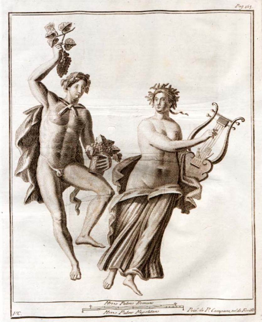 HGW24 Pompeii.
Painting from “right” end of wall, a young man (almost nude) with blond hair holding a bunch of grapes in one hand and a basket of grapes in the other.
The woman, also semi-nude and with blonde hair crowned with myrtle, plays a lyre with both hands.
See Le antichità di Ercolano esposte Tomo 7, Le Pitture Antiche di Ercolano 5, 1775. (p.163, no.37).