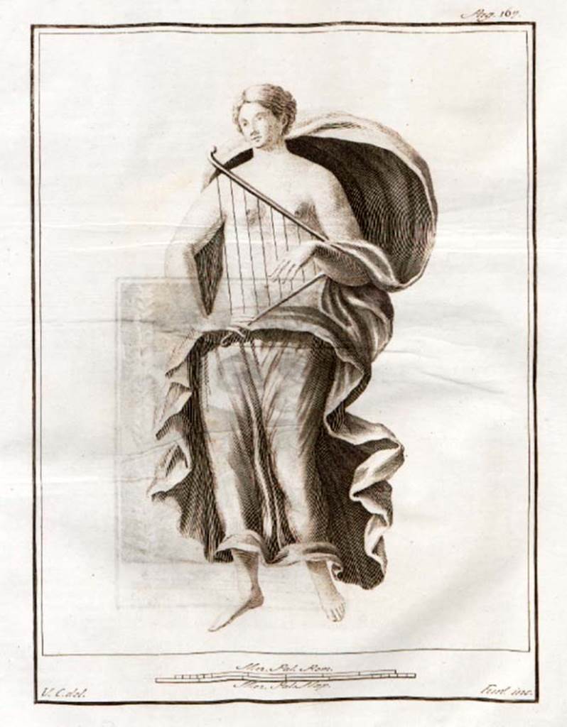 HGW24 Pompeii.
At the side of the window (either west or east end of west wall) was a painted woman with blonde hair and golden earrings, holding a triangular instrument (similar to a harp with eight cords and two golden arms).
See Le antichità di Ercolano esposte Tomo 7, Le Pitture Antiche di Ercolano 5, 1775. (p.167, no.38).