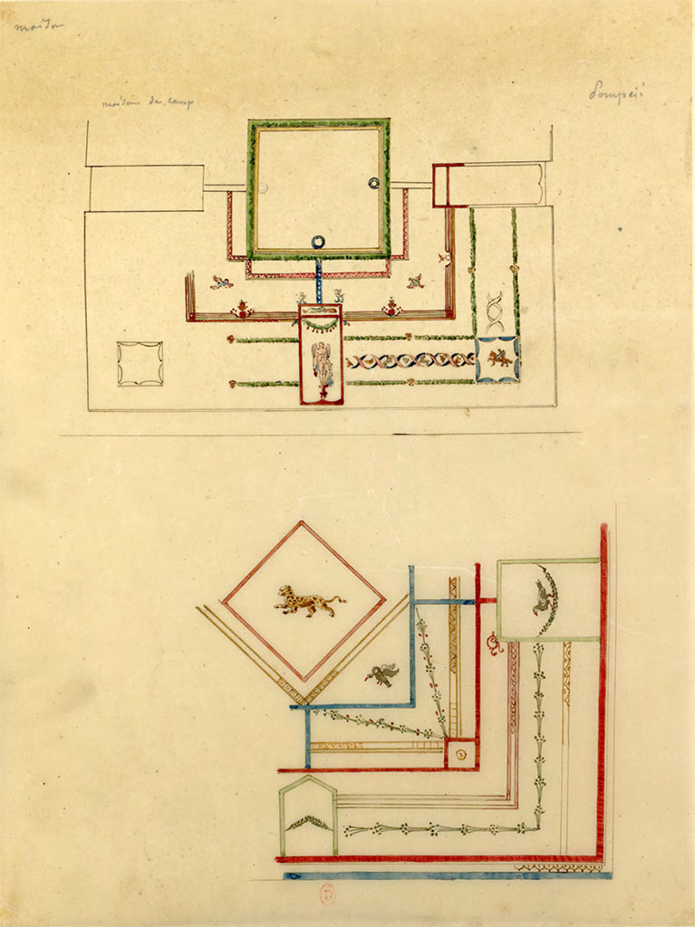 HGW24 Pompeii. c.1817. Watercolour paintings of detail of parts of ceilings, by Chenavard.
The lower painting is showing detail from a vaulted ceiling in a room on east side of garden (Fontaine 5,13)
The upper painting is from the room known as “room k”, on the upper floor.
See Chenavard, Antoine-Marie (1787-1883) et al. Voyage d'Italie, croquis Tome 3, pl. 110.
INHA Identifiant numérique : NUM MS 703 (3). See Book on INHA
Document placé sous « Licence Ouverte / Open Licence » Etalab