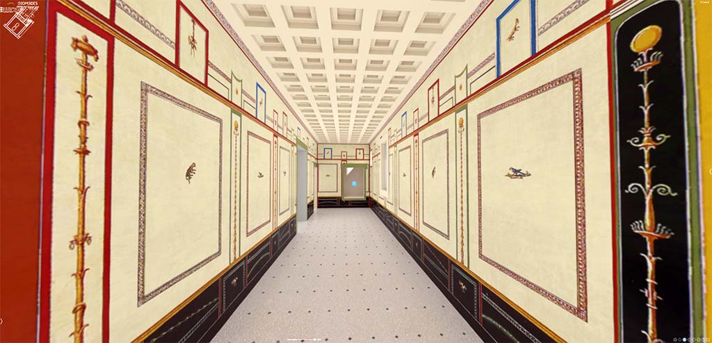 HGW24 Pompeii. Looking east along the south side of the portico, into corridor/rooms. 3D reconstruction.
© Villa Diomedes Project http://villadiomede.huma-num.fr/3D/app.html
(Villa Diomedes Project – area 46, from area 45).
(Fontaine, corridor/rooms 5a, from 5b).