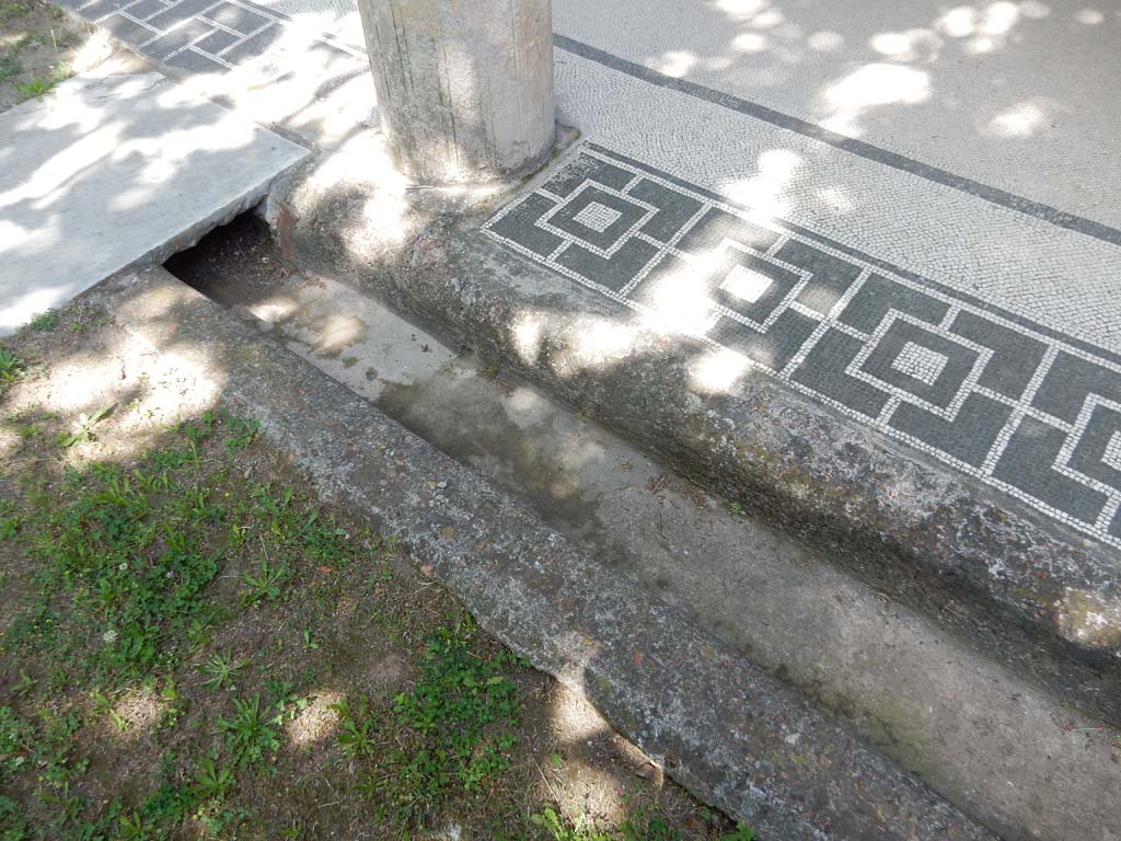Villa San Marco, Stabiae, June 2019. North portico 5, mosaic thresholds between columns, and gutter around garden area.
Photo courtesy of Buzz Ferebee