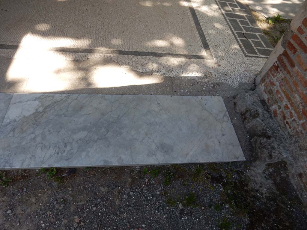 Villa San Marco, Stabiae, June 2019. Oecus 16, marble threshold in south-east corner, looking east to north portico 5.
Photo courtesy of Buzz Ferebee