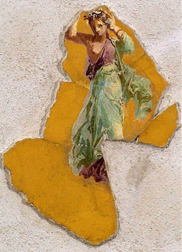 Villa San Marco, Stabiae. Room 16, figure representing the seasons possibly spring or painting of maid.
Stabia Antiquarium. Inventory number 62433.
According to Barbet, this is a painting of a figure representing the seasons possibly spring and from room 16.
See Barbet A. (a cura di), 1999. La Villa San Marco di Stabia: Illustrazioni 1. Roma, L’Erma di Bretschneider, Pl. XXIII no. 2.
According to Sodo, this is a painting of a maid from room 42.
See Guzzo P., Bonifacio G. and Sodo A.M. (a cura di), 2007. Otium Ludens: Stabiae - at the heart of the Roman empire. Hermitage Museum. Stabia: Nicola Longobardi, p. 126-7.