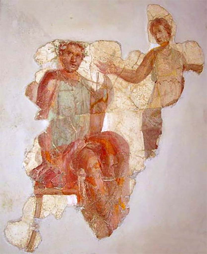 Villa San Marco, Stabiae. Portico 1, remains of fresco of Juno and Hebe from ceiling.
Stabia Antiquarium, inventory number 62535.