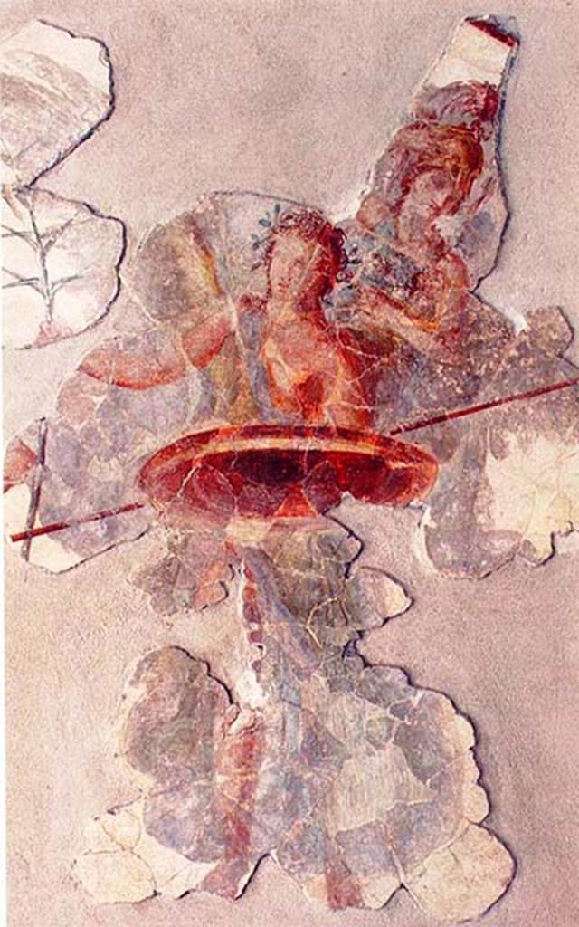 Villa San Marco, Stabiae. Portico 1, remains of fresco of Minerva from ceiling.
Stabia Antiquarium, inventory number 62524.
Photo courtesy of Mentnafunangann. See photo on Wikimedia Commons
Use governed by Creative Commons Share Alike licence see CC BY-SA 3.0