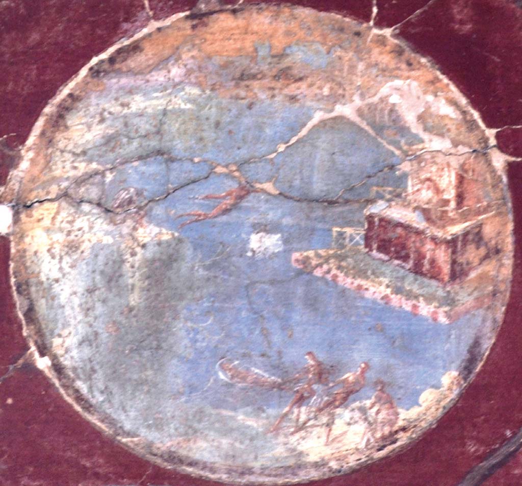 Villa San Marco, Stabiae, September 2016. Room 3, west wall, medallion re-inserted into the wall of the portico.
Original now in Naples Archaeological Museum. Part of inventory number 9501.