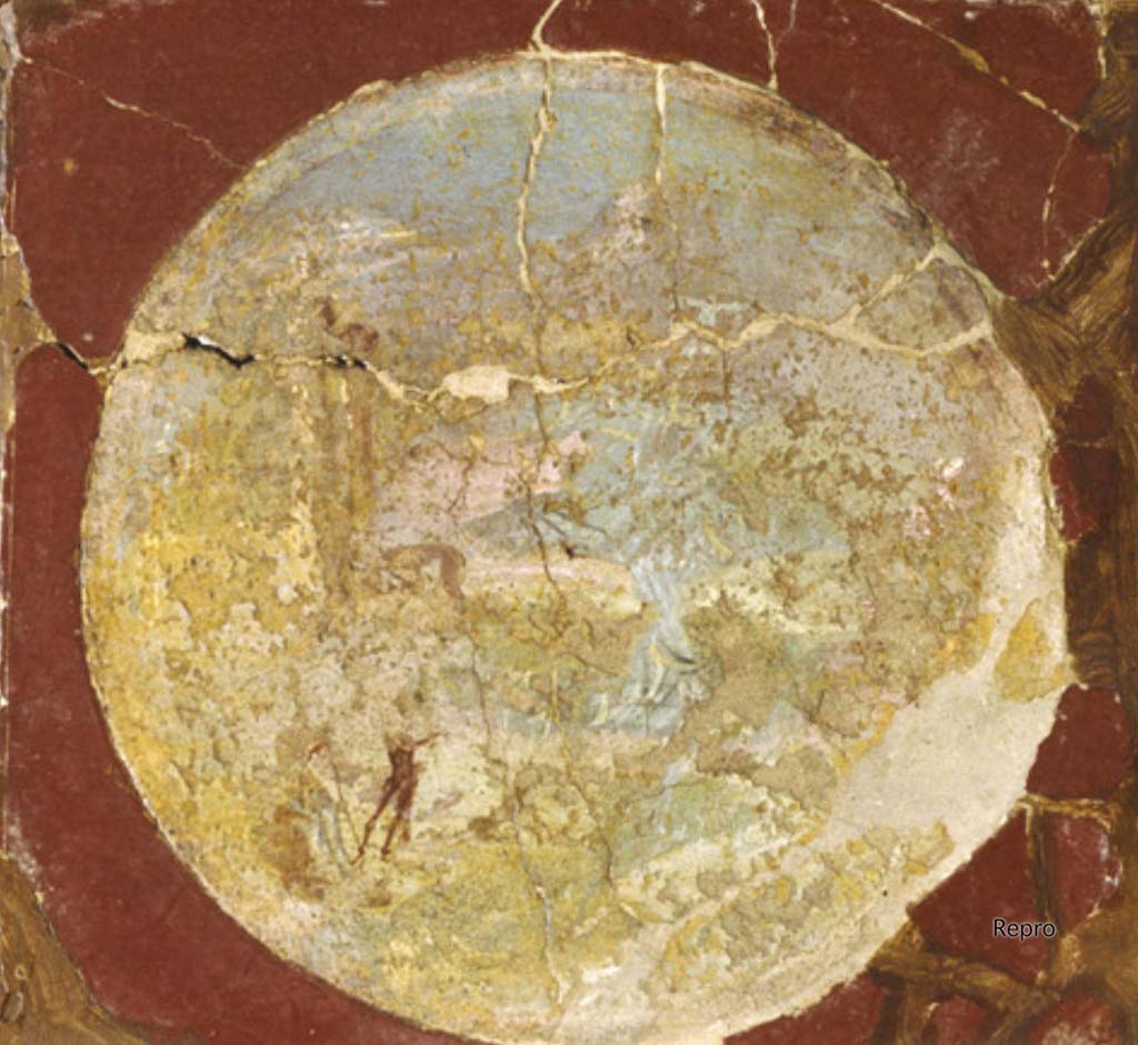Villa San Marco, Stabiae, Room 3, west wall, medallion from the wall of the portico.
Original one of four parts now in Naples Archaeological Museum, as inventory number 9501.
DAIR Repro_609730. Photo © Deutsches Archäologisches Institut, Abteilung Rom, Arkiv.
From this medallion can be read only one figure, it seems schematic, located in the foreground in front of a barely discernible porta sacra (?).
In the distance, we can perhaps make out the outline of a mountain.
See Barbet A. (a cura di), 1999. La Villa San Marco di Stabia. Roma, L’Erma di Bretschneider, p. 207.