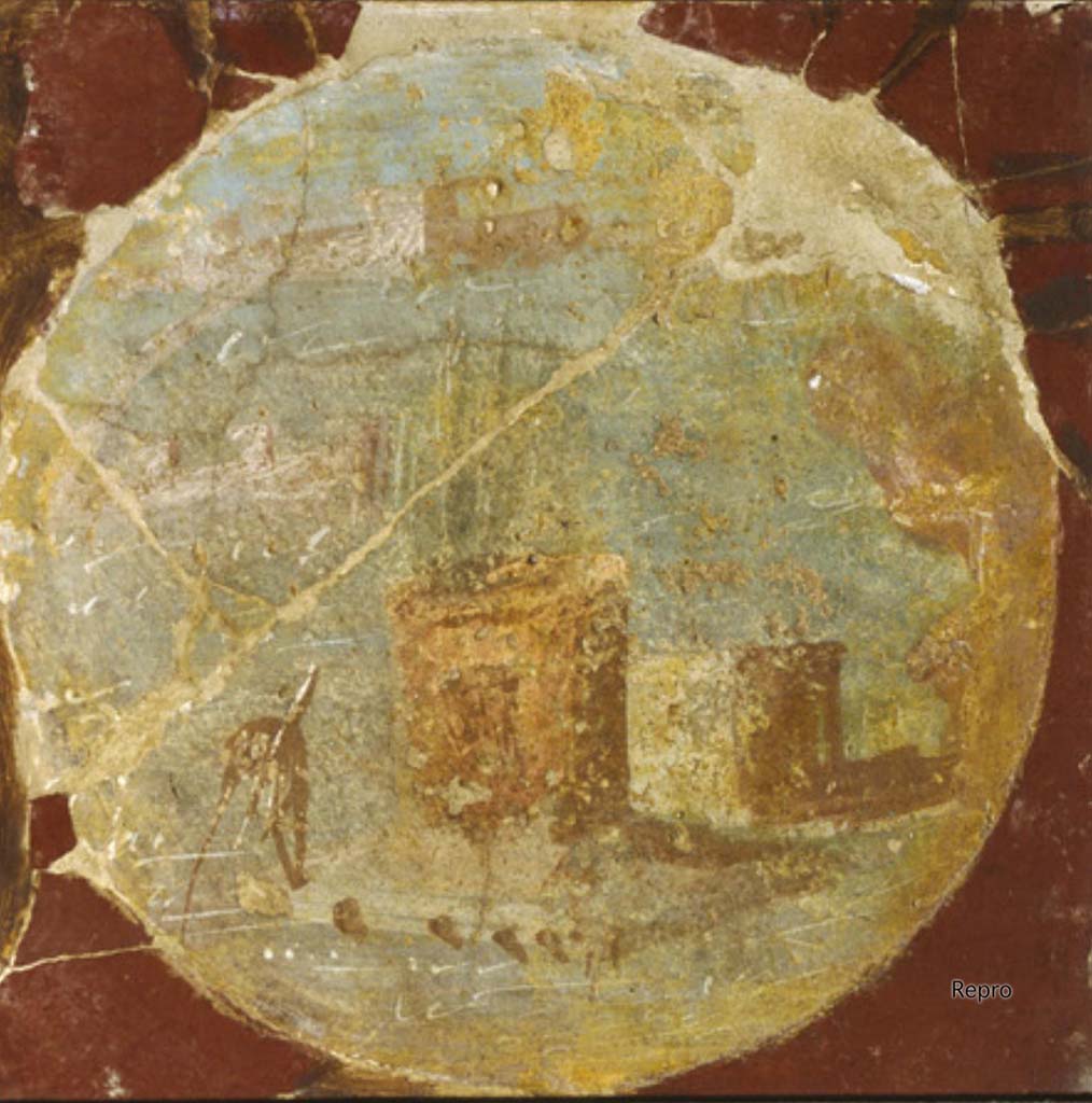 Villa San Marco, Stabiae, Room 3, west wall, medallion from the wall of the portico.
Original one of four parts now in Naples Archaeological Museum, as inventory number 9501.
DAIR Repro_609731. Photo © Deutsches Archäologisches Institut, Abteilung Rom, Arkiv.
This medallion shows a pier with arcades at the edge of which is a fisherman with two long poles; behind him, several rectangular buildings stand out and seem to surround, at the rear, an arm of the sea.
See Barbet A. (a cura di), 1999. La Villa San Marco di Stabia. Roma, L’Erma di Bretschneider, p. 207.