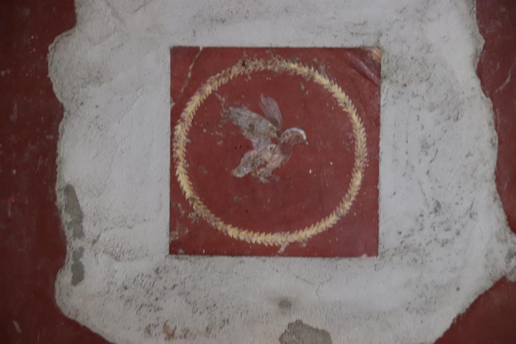 Villa San Marco, Stabiae, October 2022.
Room 8, south-west side of west wall, detail of painted medallion below figure to left of doorway into room 13.
Photo courtesy of Klaus Heese.