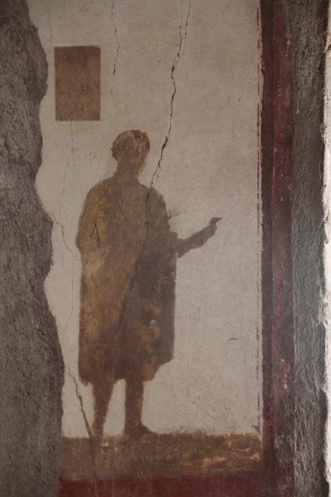Villa San Marco, Stabiae, September 2019.
Room 8, detail of figure to left of window on east wall. Photo courtesy of Klaus Heese.