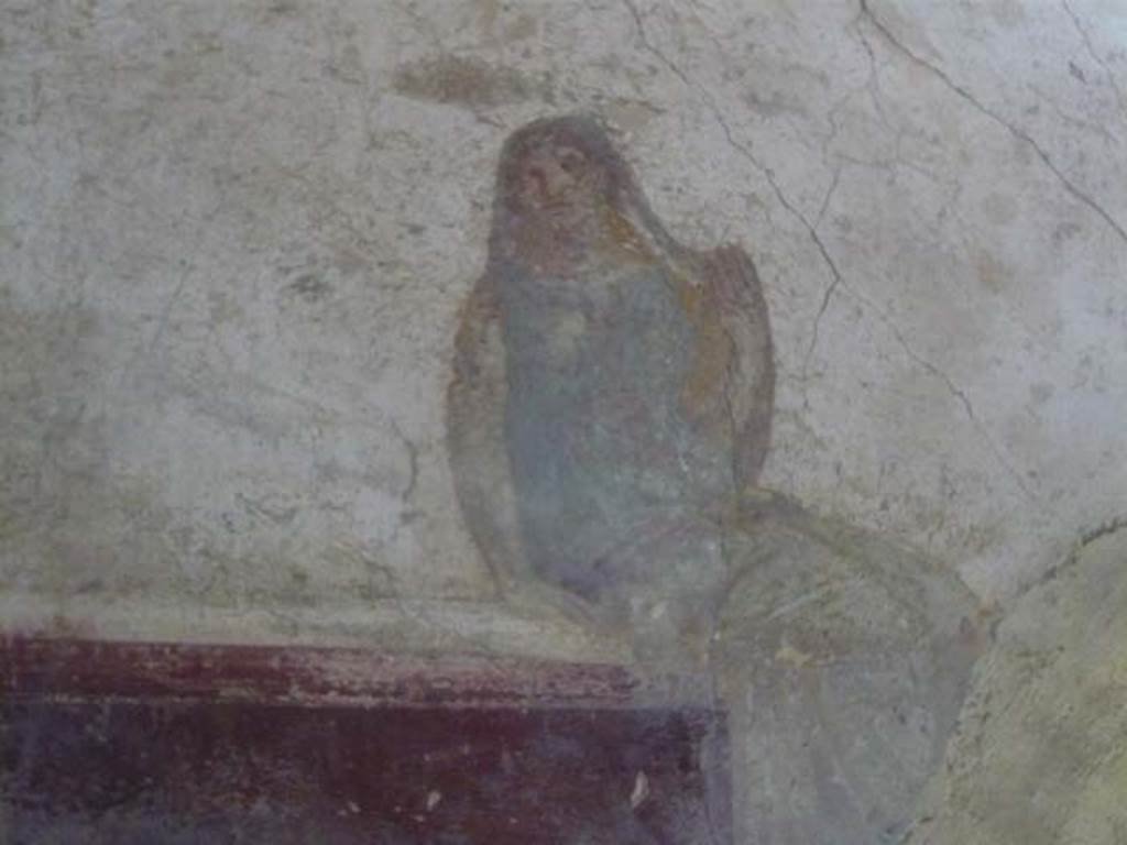 Villa San Marco, Stabiae, 2010. Room 14, north-east wall with fresco of seated figure.
Photo courtesy of Buzz Ferebee.