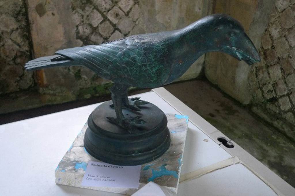 Castellammare di Stabia, Villa San Marco, July 2010. Room 12.
Reproduction of bronze crow found and reported on 17th July 1751, during the Bourbon excavations. Photo courtesy of Michael Binns. The original is in the Naples Archaeological Museum. Inventory number 4891. See Pagano, M. and Prisciandaro, R., 2006. Studio sulle provenienze degli oggetti rinvenuti negli scavi borbonici del regno di Napoli. Naples : Nicola Longobardi. (p.237). See Parslow, C.C. (1998). Rediscovering Antiquity: Karl Weber and the Excavation of Herculaneum, Pompeii and Stabiae. UK,Cambridge UP (p.177 & p.356, note 49).