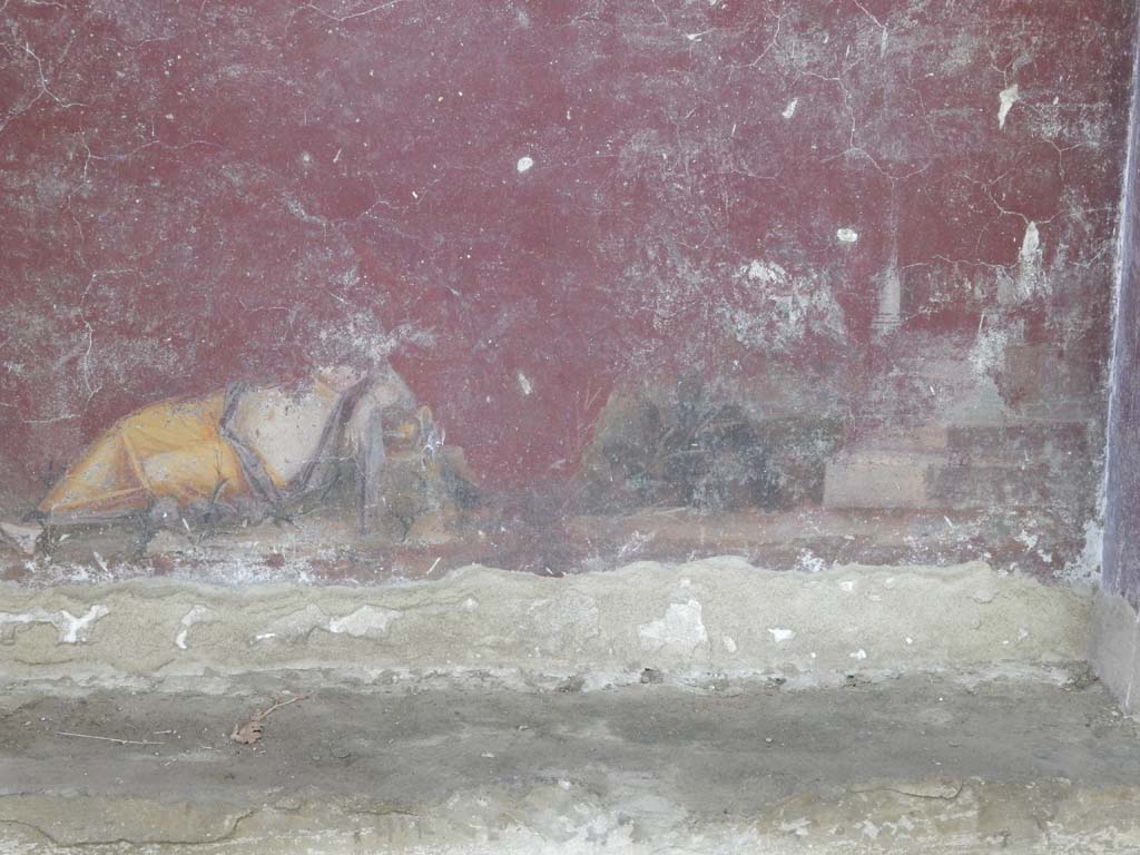 Villa San Marco, Stabiae, June 2019. Area 65, lower area beneath niche 2, remains of painting of Narcissus and Echo.
Photo courtesy of Buzz Ferebee