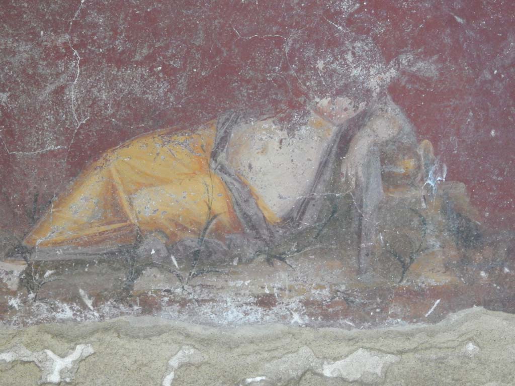 Villa San Marco, Stabiae, June 2019. Area 65, lower area beneath niche 2, detail from left side.
Photo courtesy of Buzz Ferebee