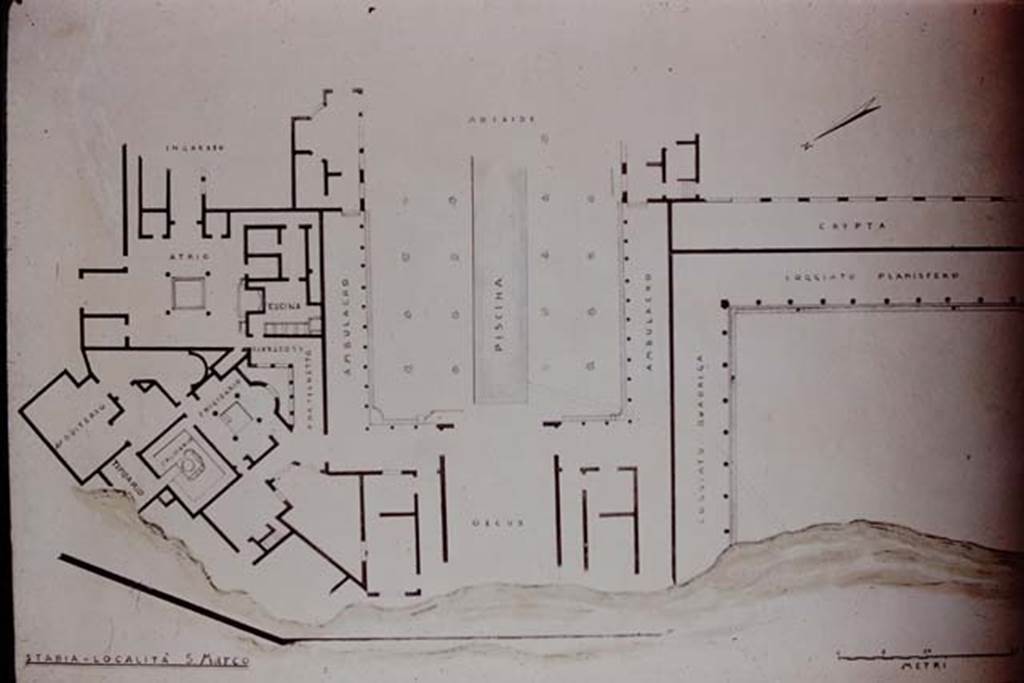 Villa San Marco, Stabiae. Excavation plan. Photo by Stanley A. Jashemski.
Source: The Wilhelmina and Stanley A. Jashemski archive in the University of Maryland Library, Special Collections (See collection page) and made available under the Creative Commons Attribution-Non Commercial License v.4. See Licence and use details.
Jmit0139