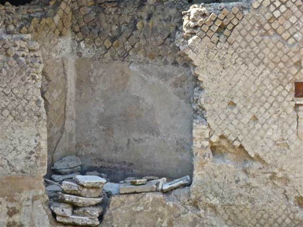 Villa San Marco, Stabiae, July 2010. Photo courtesy of Michael Binns.
According to Terpstra et al, this is one of three triangular shaped rooms, the largest two both being latrines.
This, the smallest and most southerly, had its walls and floor lined with hydraulic plaster.
It seems to have served as a cistern, although it has one window, which was possibly a later architectural addition.
See Terpstra T, The 2011 Field season preliminary Report at http://www.fastionline.org/docs/FOLDER-it-2012-259.pdf
