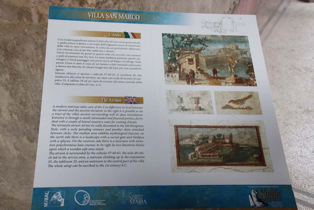 Villa San Marco, Stabiae, September 2019. Information card in Italian and English. Photo courtesy of Klaus Heese.