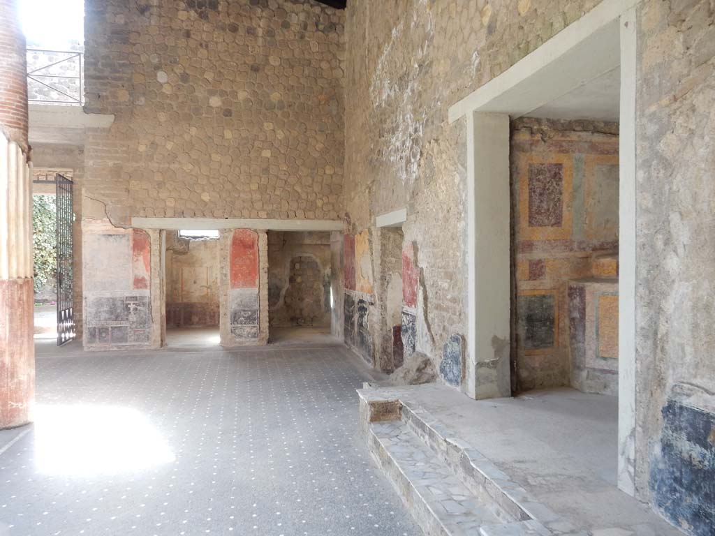 Villa San Marco, Stabiae, June 2019. Room 44, looking south along west wall of atrium.
Photo courtesy of Buzz Ferebee
