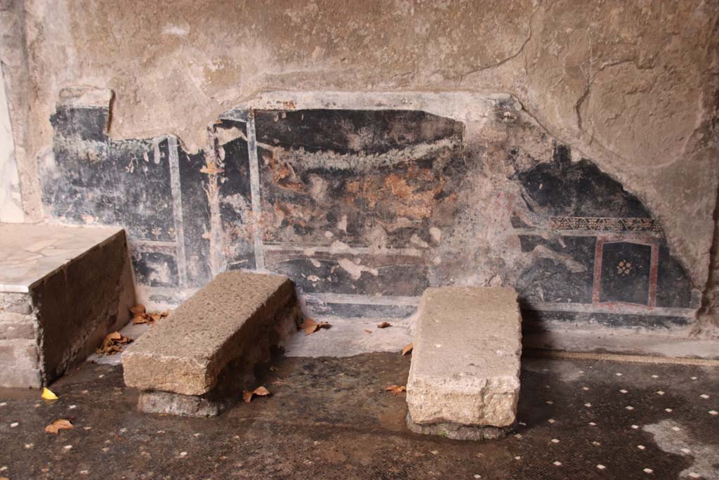 Villa San Marco, Stabiae, October 2020.
Room 44, looking towards detail of painted zoccolo on west wall next to lararium steps, in north-west corner of atrium.
Photo courtesy of Klaus Heese.