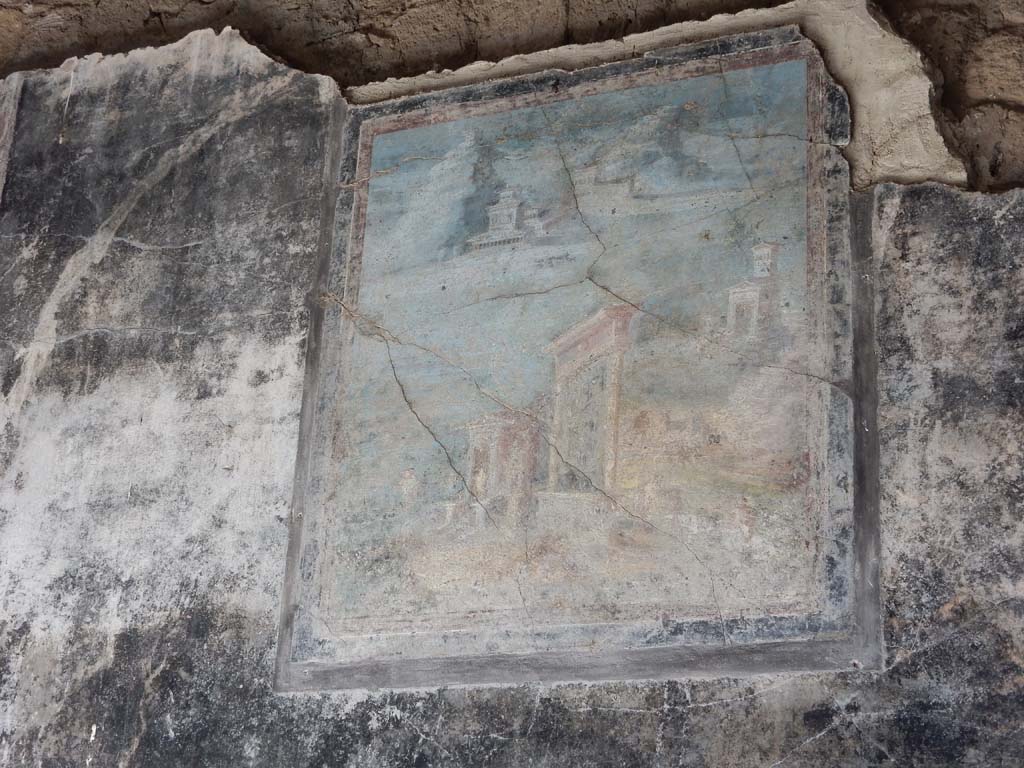Villa San Marco, Stabiae, June 2019. Room 44, central painting of a sacred landscape, on north wall of atrium.
Photo courtesy of Buzz Ferebee