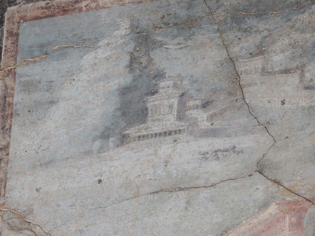 Villa San Marco, Stabiae, June 2019. Room 44, detail from central paining on north wall of atrium.
Photo courtesy of Buzz Ferebee
