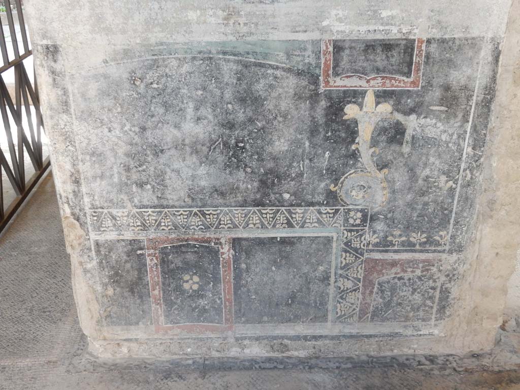 Villa San Marco, Stabiae, June 2019.
Room 44, zoccolo on south wall of atrium, with entrance doorway, on left, and doorway to room 57, on right.
Photo courtesy of Buzz Ferebee.