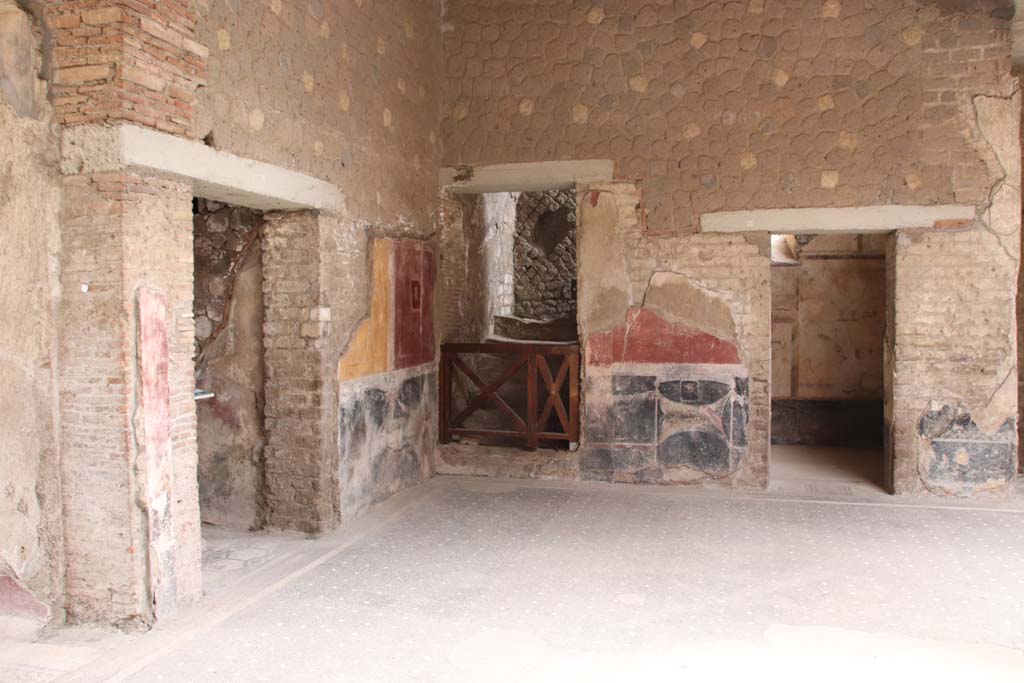 Villa San Marco, Stabiae, September 2019.
Room 44, south-east corner of atrium, with corridor 59a on left, steps 55 to upper floor (centre left) and doorway to room 61 (on right).
Photo courtesy of Klaus Heese.